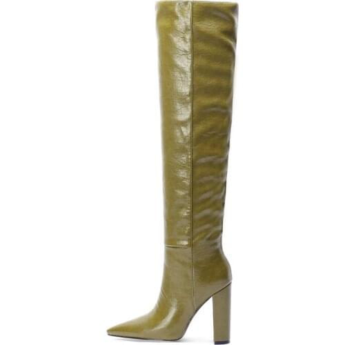 Knee High Green Boots Women 11Cm Round Heel Boots With Warm Fur Winter Shoes For Women Sold Beige Black Pointed Toe Boots New