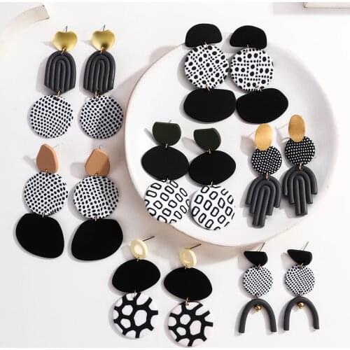 ANESOA Exaggerate Geometric Polka Dots Polymer Clay Drop Earrings For Women Girls Irregular Graffiti Long Earring Travel Jewelry