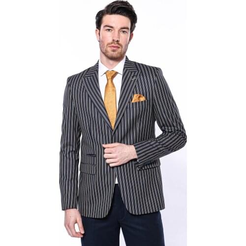 Navy Blue Striped Slim-Fit Blazer