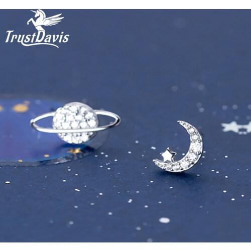 Trustdavis 925 Sterling Silver Twinkling CZ Asymmetric Planet Star Stud Earrings For Women Fine Sterling Silver Jewelry DA629