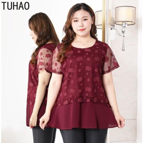 TUHAO 10XL 8XL 6XL Plus Size Womens Lace Blouses Shirt 2020 Summer OFFICE LADY Women Blouse Shirt Tops Oversize for Mother WM05
