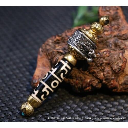 Unique Design Magic Power Tibetan Old Agate 3 Eye Lianshifaqi Inlaid Bronze Silver 6 OM Words Prayer Wheel dZi Bead Pendant