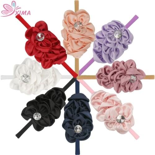 XIMA 1PC 3.5''Girls Flower Nylon Headbands Fashion Hair Flower Headband With Rhinestones Elastic Band Hair Accessory