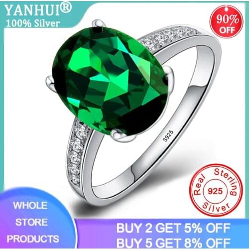 YANHUI 925 Sterling Silver Jasper Rings For Women Green Natural Emerald Stone Wedding Bands Jewelry Ring For Gift Wholesale R472