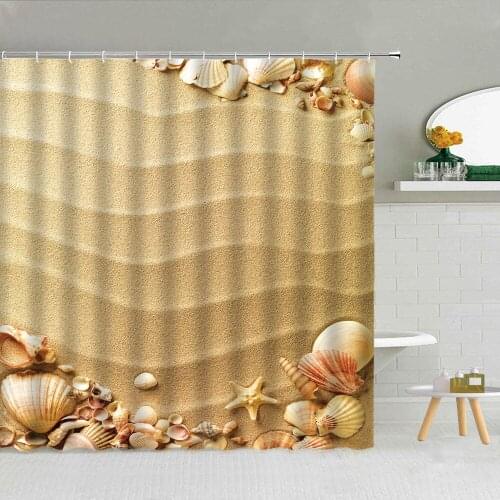 Starfish Conch Sand Shower Curtain Seaside Beach Holiday Scenery Bathroom Decor Bath Screen Waterproof Fabric Hooks Curtains Set