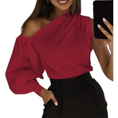2021 Women Summer Loose Blouse Asymmetric Single Lantern Sleeve Top Solid Color Slash Neck Off Shoulder Shirt Streetwear