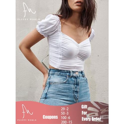 2021 Summer Sexy Women V-neck Short Stylish Puff Sleeve Cropped Top Shirring Solid T-shirt Crop Tops Club Party Tee Shirt Female