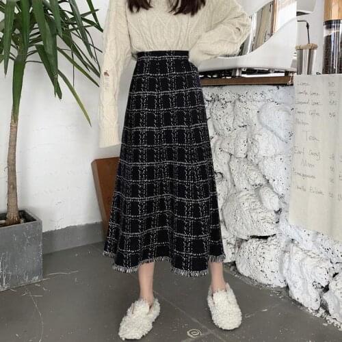 2021 Fashion Autumn Winter Warm Knitted Long Skirts Women Korean Style Plaid High Waist Black Skirt Female Jupe Femme Y663