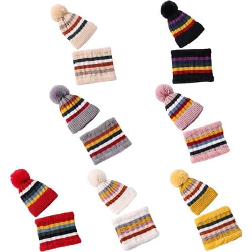 Women Winter Knit Beanie Hat Scarf Set Thick Faux Fleece Lined Pompom Ski Skull Contrast Color Striped Neck Warmer