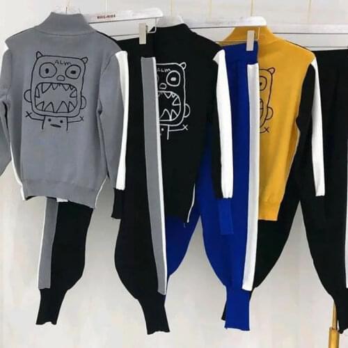 Casual Stripe Patchwork Knitted Two Piece Sets Women Korean Fashion Zipper Cardigan+Sweatpants Set Autumn Outdoor Sport Suits