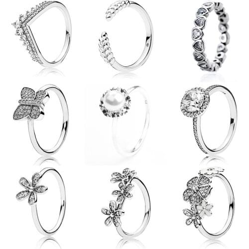Classic Silver Color Rings With Flower Pearl Butterfly Rice Ear Crystal Wedding & Party Ring For Women Jewelry