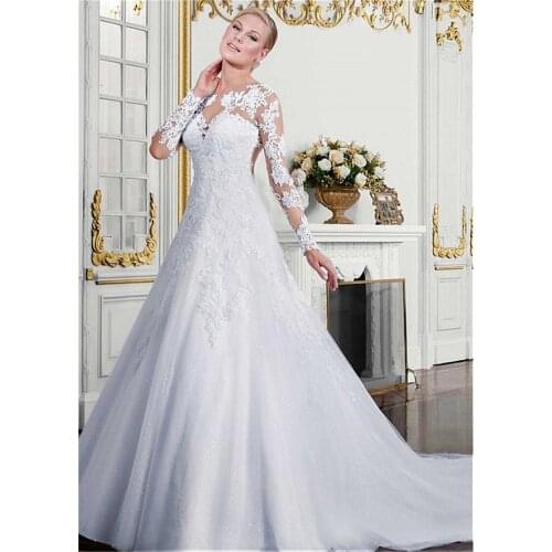 Jewel Long Sleeves Appliques Lace Wedding Dresses A Line Natural Women Spring Bridal Gowns With Buttons Back Garden Ladies Gown