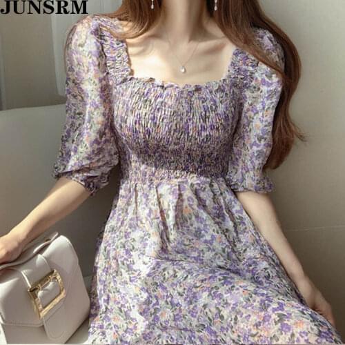 Korean Chic Retro Square Collar Party Dress Women 2020 New Summer Puff Sleeve Chiffon Long Dress Vintage Floral A-Line Dresses
