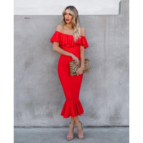 Women Sexy Party Dress Off The Shoulder Empire Slash Neck Ruffles Solid Sheath Autumn New Fashion Womens Long Dress