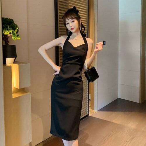 Korean Style Vintage Sleeveless Midi Party Club Dress Ladies Elegant Casual Streetwear Sexy Halter Backless Bodycon Split Dress