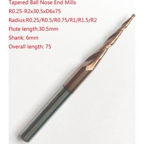 1pc R0.25/R0.5/R0.75/R1/R1.5/R2x30.5xD6x75 6mm extra lengthen solid carbide tapered endmills CNC engraving milling cutters