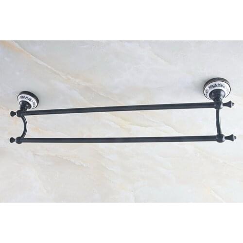 Bathroom Accessory Black Oil Rubbed Brass Ceramic Flower Wall Mounted Bathroom Double Towel Bar Towel Rack Towel Rails aba752