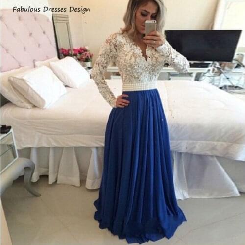 Applique Lace Long Sleeve Prom Dresses 2021 Beaded Blue Chiffon A Line فساتين السهرة Long Evening Dress Party For Women