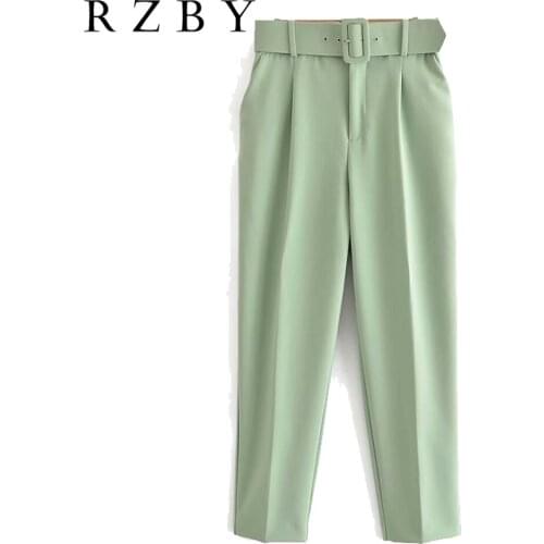 Solid Suit Pants Woman High Waist Trousers Sashes Pockets Office Ladies Pants Fashion Business Pantalones Mujer Retro RZBY462