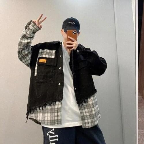 Jeans Jackets Mens Korean Fake Two Piece Denim Coat Male Black Patchwork Plaid Outerwear Streetwear Oversized Loose Tops Veste H
