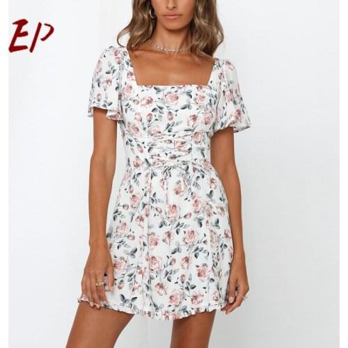 EP 2020 Female Fashion Summer Sweet White Dress Broken Flower Print A-Line High Waist Casual Dress For Women