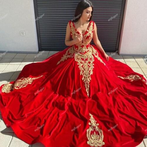 Fantastic Red Velvet Ball Gown Evening Dresses Prom Appliques Formal Guest Party Robe De Soiree Celebrity Vestidos Fiesta Plus