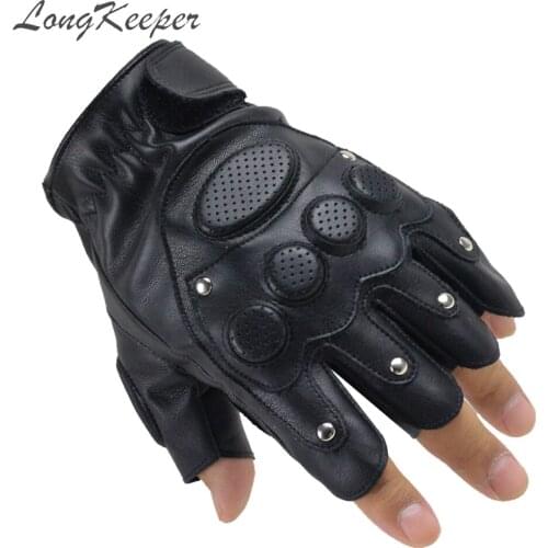 LongKeeper Brand New Mens PU Leather Tactical Gloves Male BlacK Fitness Sport Half Finger Guantes Rivet Breathable Luva G614