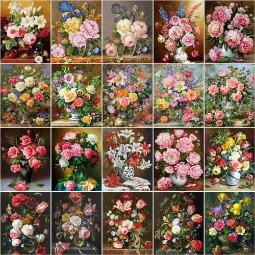 HUACAN Flower In Vase Painting By Number Kits Handpainted Picture Peony Flower Drawing On Canvas Home Decor DIY Gift 50x65cm