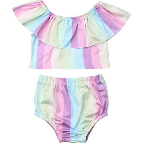 Newborn Infant Baby Girls Summer Clothes Sets 0-24M Ruffles Off Shoulder Rainbow Striped T-Shirts Tops+Shorts