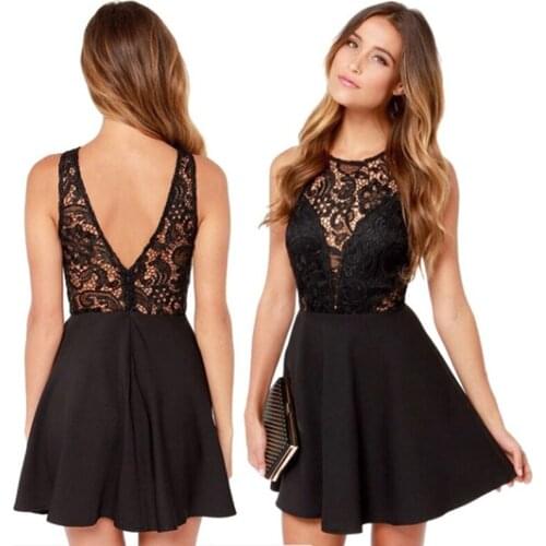 Summer Big Open Back Tank Dress Lace Stitching Halter Suspenders A-line Party Dress Women Casual O Neck Beach Pleated Dress