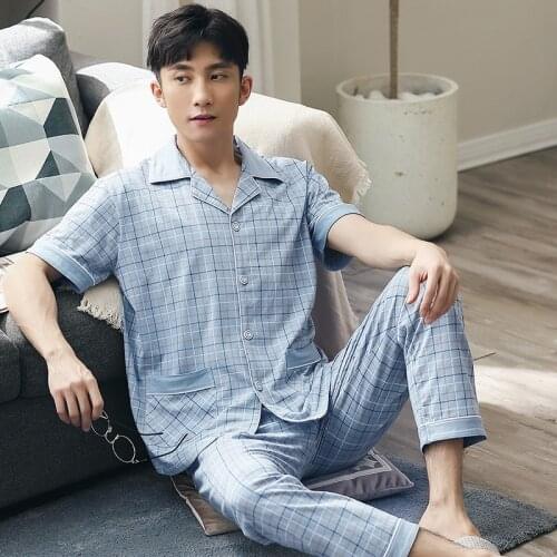 Summer Men Pajamas 100% Cotton 2 Pieces Fashion Sleepwear Pijama Mans Shorts Bedgown Home Clothes PJ Plaid Pure Cotton Pajamas