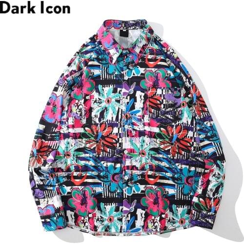 Dark Icon Graffiti Floral Full Print Mens Shirt Long Sleeve Turn-down Collar Shirts for Men