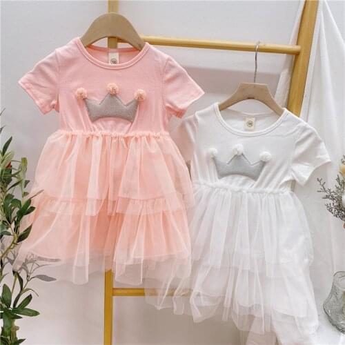 2021 Summer New Kids Dresses Baby Girls Korean Net Yarn Splicing Dress Multi-layer Crown Princess Dress For Girl Kids Clothing