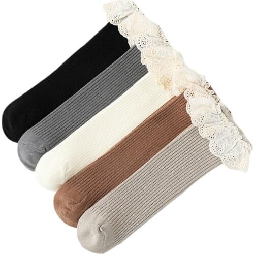 Girls Solid Color Knitted Socks with Ruffled Lace Decoraction, Lovely Middle Tube Scokings for Spring Autumn and Winter
