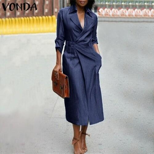 2021 Autumn Dress Women V Neck Denim Blue Sundress Casual Short Sleeve Party Short Vestidos VONDA Female Robe