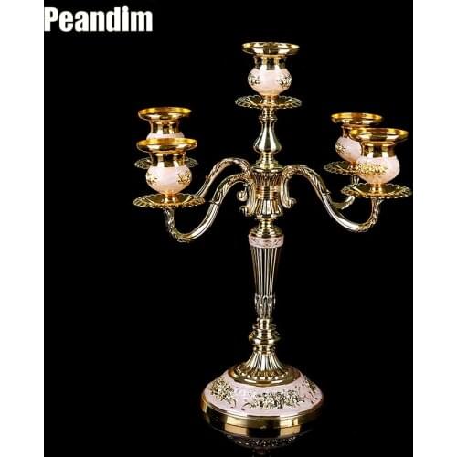 PEANDIM Wedding Gold Centerpiece 5-arms Gold Plated Candle Base Metal Candle Holders Candlestick Party Home Decorations