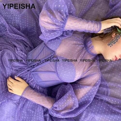 Yipeisha High Neck Purple Prom Dresses Tea Length Puff Sleeves A-line Party Dress Dot Tulle Homecoming Gown Robe de Cocktail