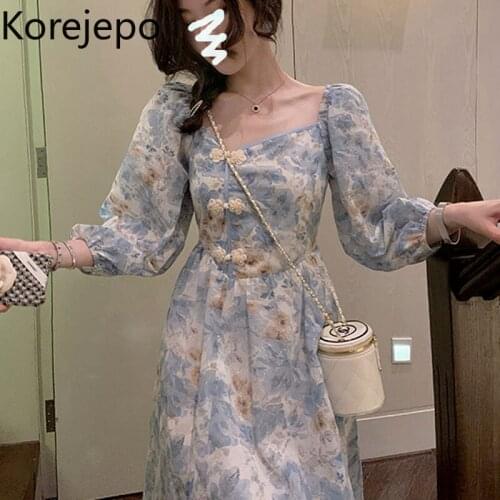 Korejepo Women Dress 2021 Autumn French Retro Gentle Sweet Floral Square Collar Long-sleeved Female Temperament Waist Long Dress