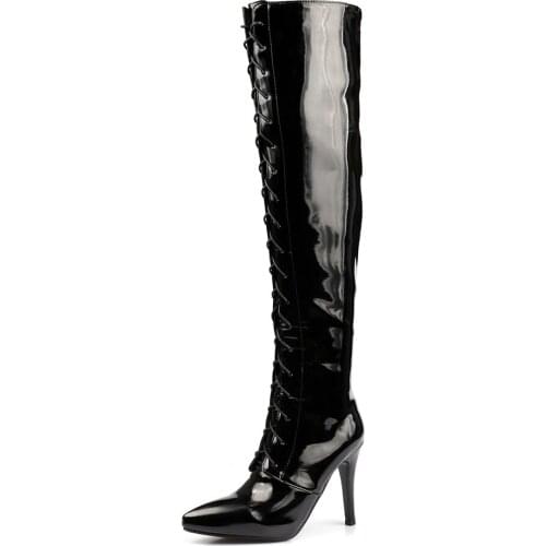 Pointed Toe Super High Stiletto Heel European And American Fashion Boots Cross-Lace Snake Print Lace-Up Over-The-Knee Boots