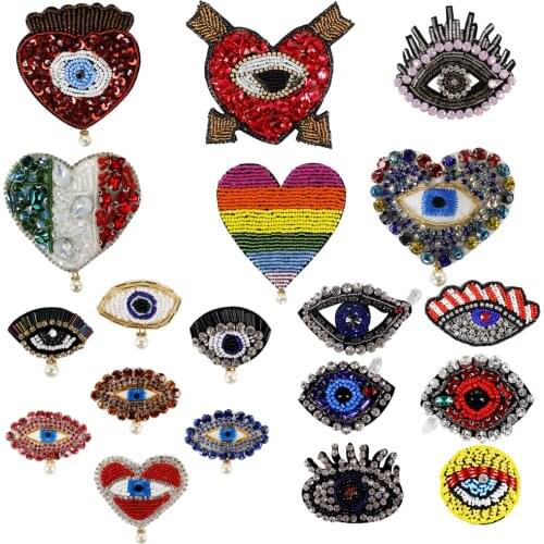 Beaded Eyes Patch for Clothes Sewing on Rhinestone Crystal Applique for Jackets Jeans Bags Shoes Beading Apparel Badge TH1777