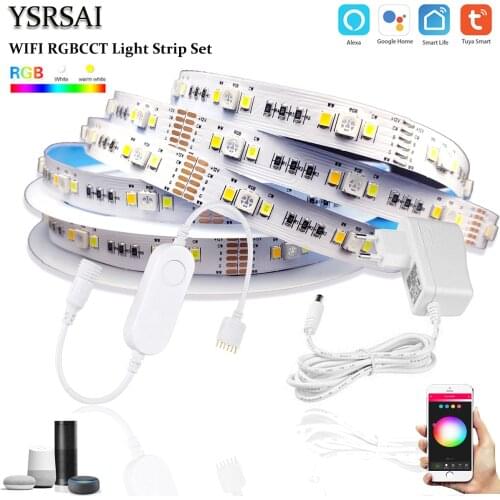 TUYA Smart life APP Wifi RGBCW Controller 1M 2M 3M 5M DC12V 5050 RGB+CCT 90leds/m LED Strip Light + Power Kit For Alexa Google