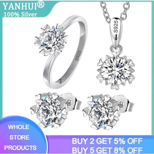 YANHUI 1 Carat Silver 925 Jewelry Sets for Women 6mm Zirconia Diamond Hypoallergenic Necklace/Earrings/Ring Bride Jewelry Sets