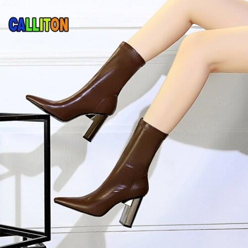 Womens Boots High Heels Booties Woman 2021Winter Boots Mid-Calf Pointed Toe Spring/Autumn Fashion Boots Sexy Luxury Shoes