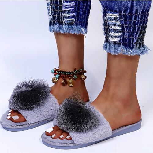 2021 Winter New House Women Fluffy Slippers Tassel Hairball Ladies Fur Slippers Non-Slip Bedroom Flat Girls Plush Shoes