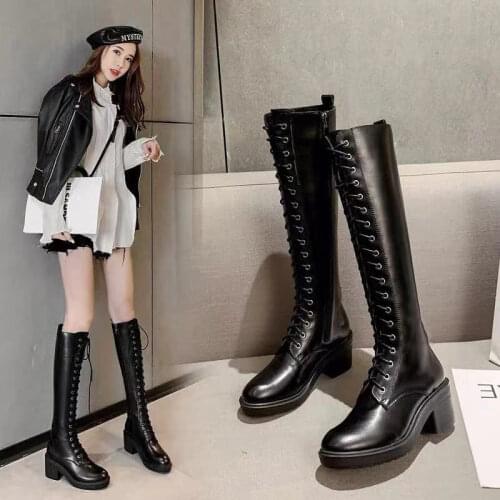 2020 women boots autumn and winter new high-heeled slimming boots female knee boots high boots straps mid-heel thick-heeled