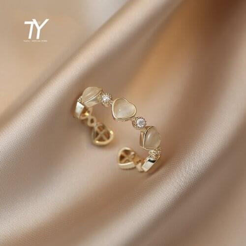 Sweet Heart-shaped Opals Zircon Gold Opening Rings For Woman 2021 Korean Fashion Jewelry Girls Finger Elegant Set Accessories