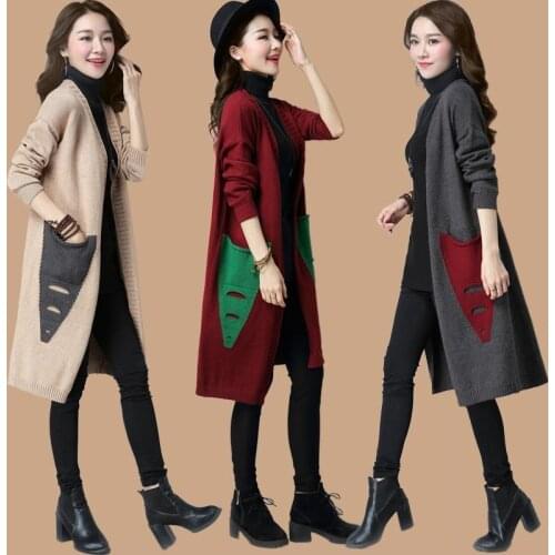 Jacket Women 2021 New Mid-Length Cardigan Sweater Coats Female Spring Knit Sweater Outer Shawl Loose Overwear Ripped Top A446