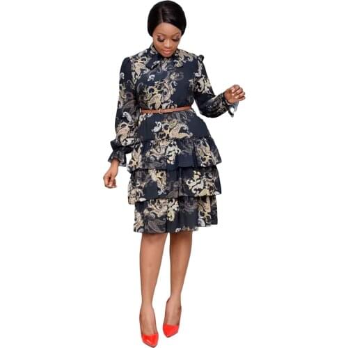 Women Printed Dresses Long Sleeves Bowtie Cake Dress Female Ruffles Pleated Fashion Lovely Date Sweet Vestidos Plus Size