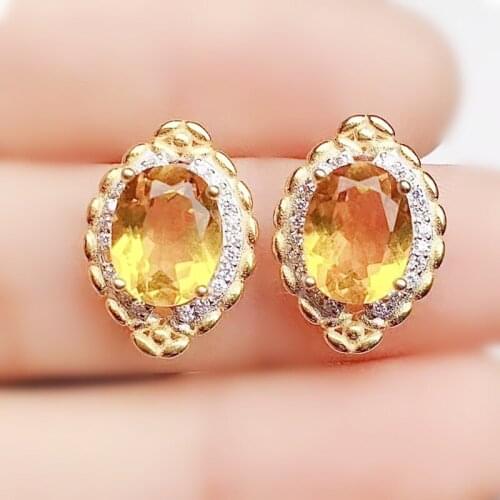 Natural real citrine big stud earring 8*10mm 2.4ct*2pcs gemstone 925 sterling silver Per jewelry Fine jewelry X21717