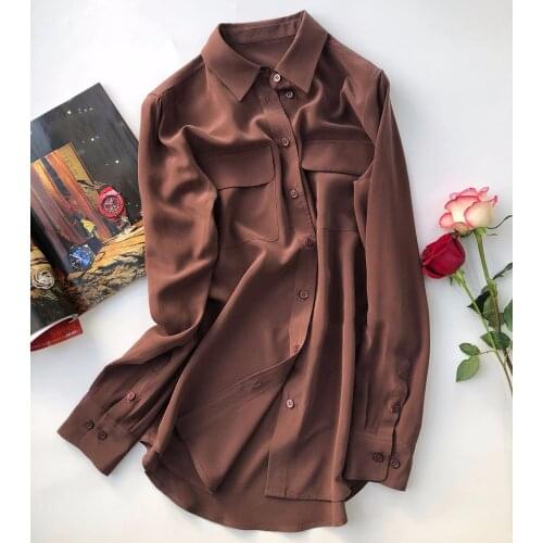 Elfstyle High-end 100% Slik Long Sleeve Sold Color Lapel Blouse Shirt - Female Stylish Mocha/Fuchsia/Blue/Pink Color Basic Tops